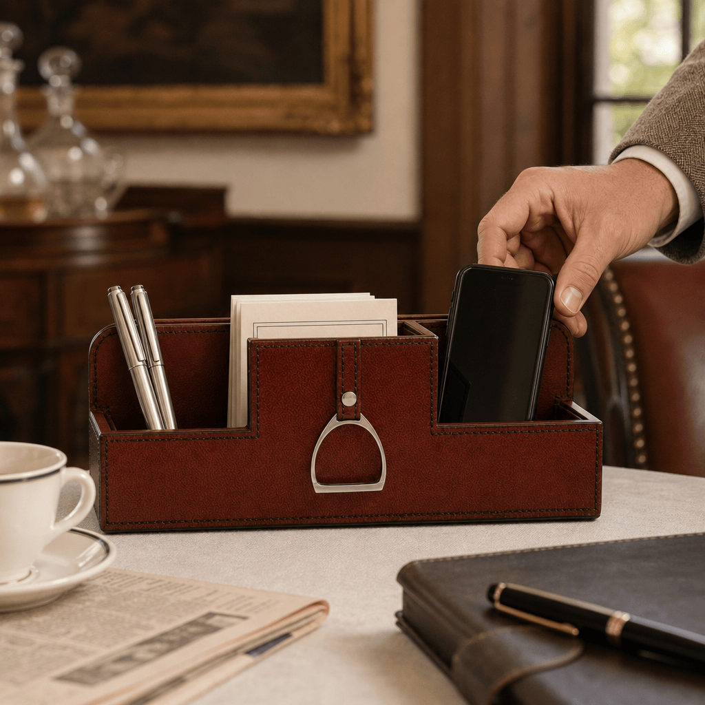 Premium Genuine Leather Stirrup Desk Organizer for Office