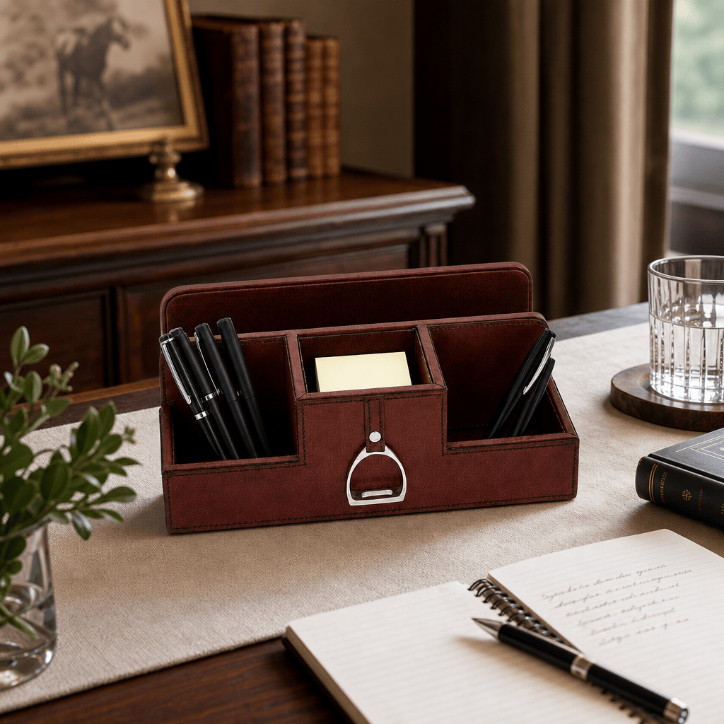 Premium Genuine Leather Stirrup Desk Organizer for Office