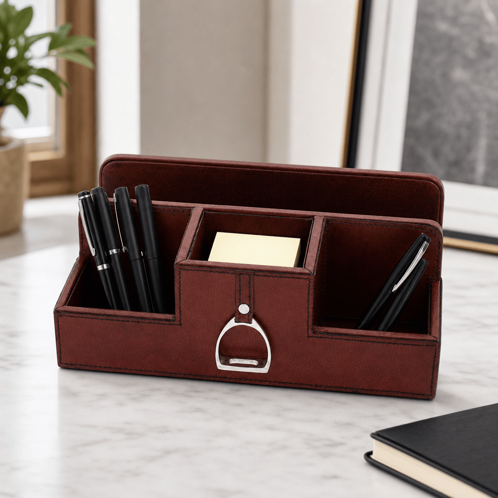 Premium Genuine Leather Stirrup Desk Organizer for Office