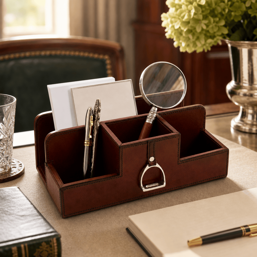 Premium Genuine Leather Stirrup Desk Organizer for Office