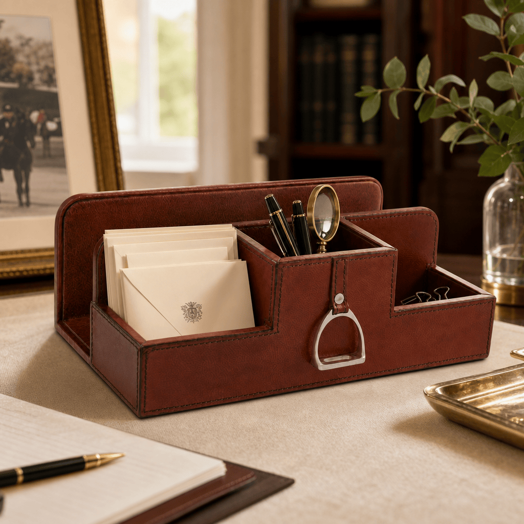 Premium Genuine Leather Stirrup Desk Organizer for Office