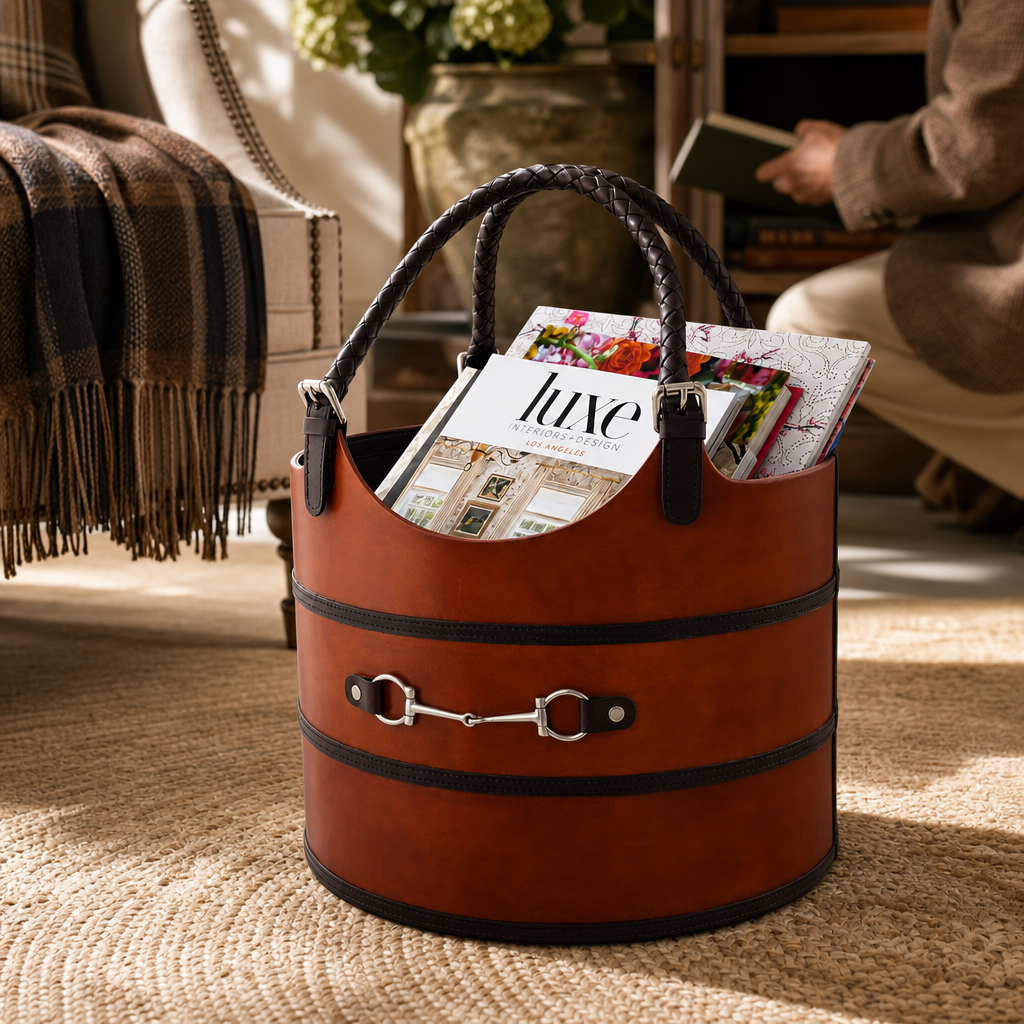 Premium Genuine Leather Equestrian Bit Magazine Basket – Stylish Home and Office Organizer
