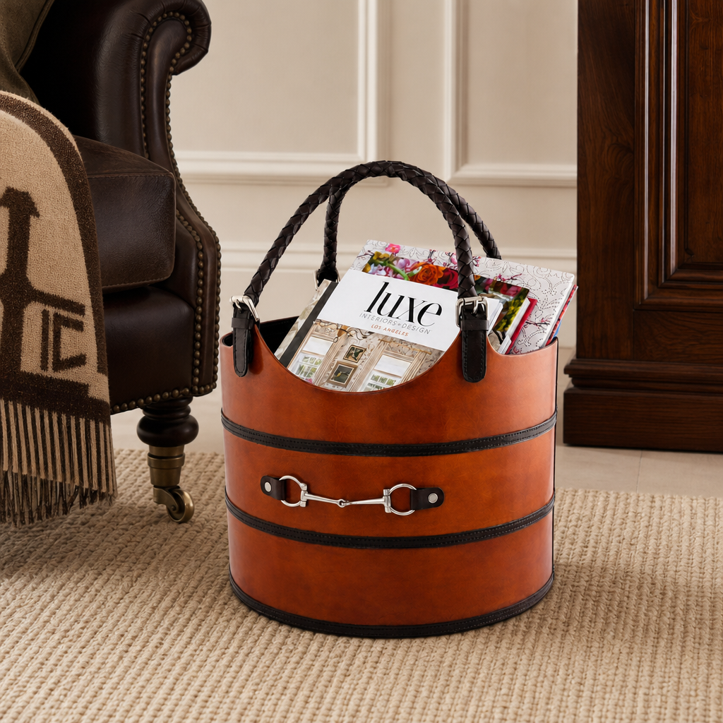 Premium Genuine Leather Equestrian Bit Magazine Basket – Stylish Home and Office Organizer