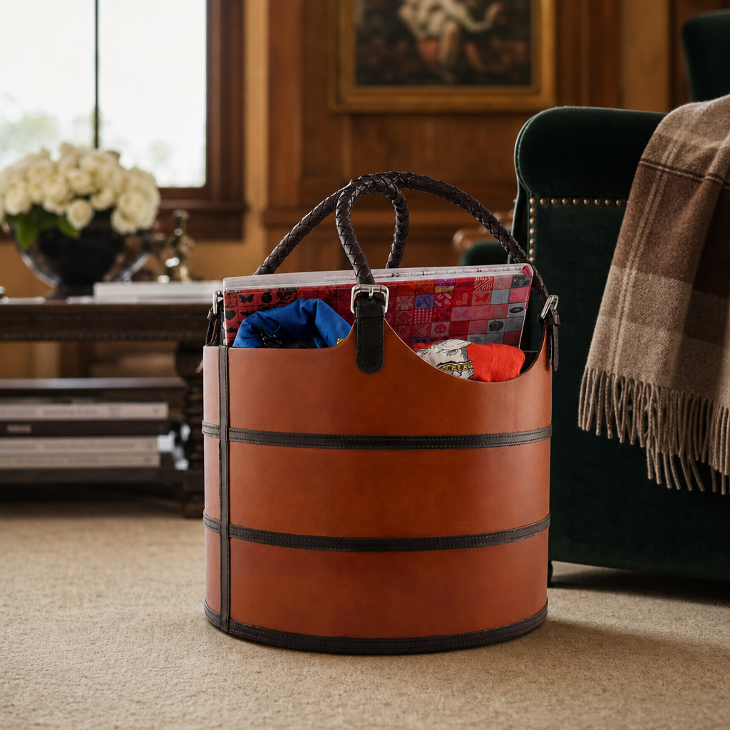 Premium Genuine Leather Equestrian Bit Magazine Basket – Stylish Home and Office Organizer