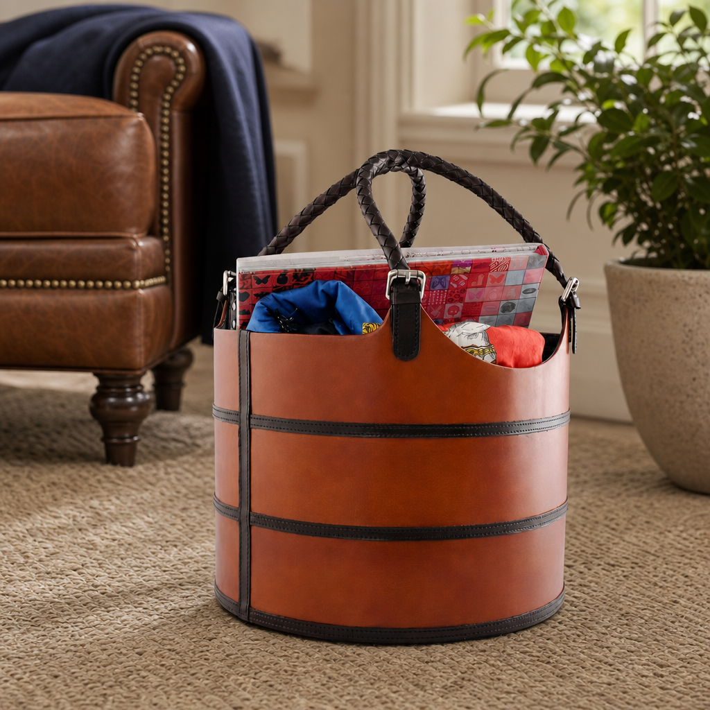 Premium Genuine Leather Equestrian Bit Magazine Basket – Stylish Home and Office Organizer