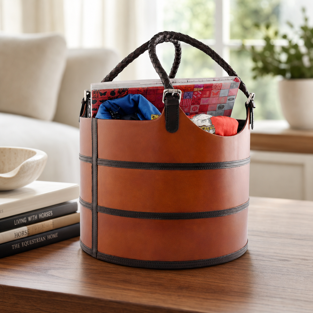 Premium Genuine Leather Equestrian Bit Magazine Basket – Stylish Home and Office Organizer