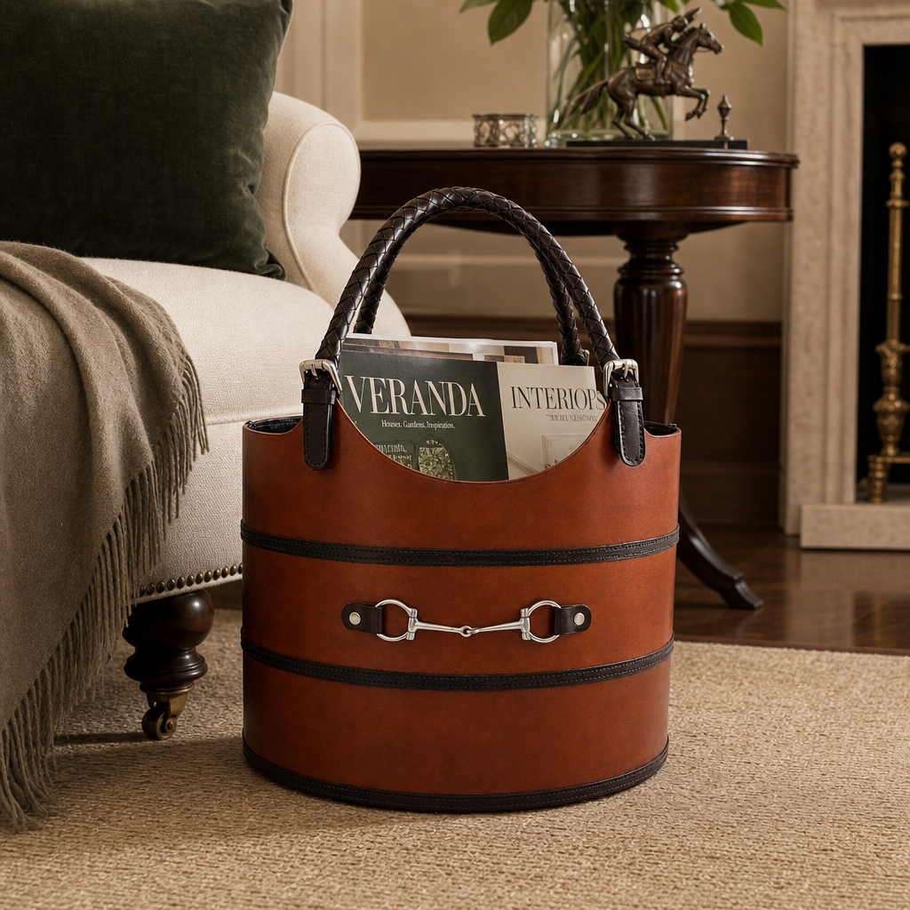 Premium Genuine Leather Equestrian Bit Magazine Basket – Stylish Home and Office Organizer