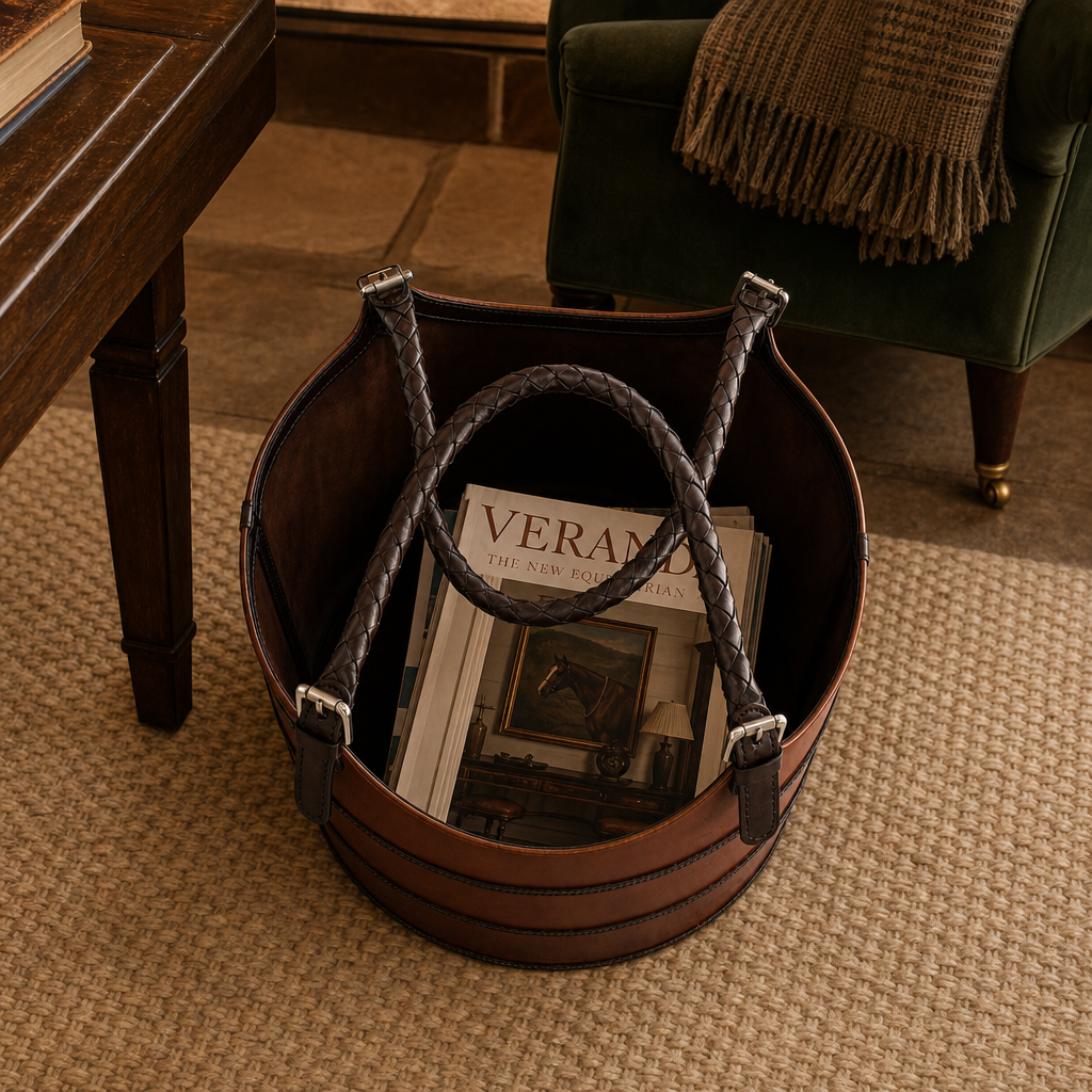 Premium Genuine Leather Equestrian Bit Magazine Basket – Stylish Home and Office Organizer