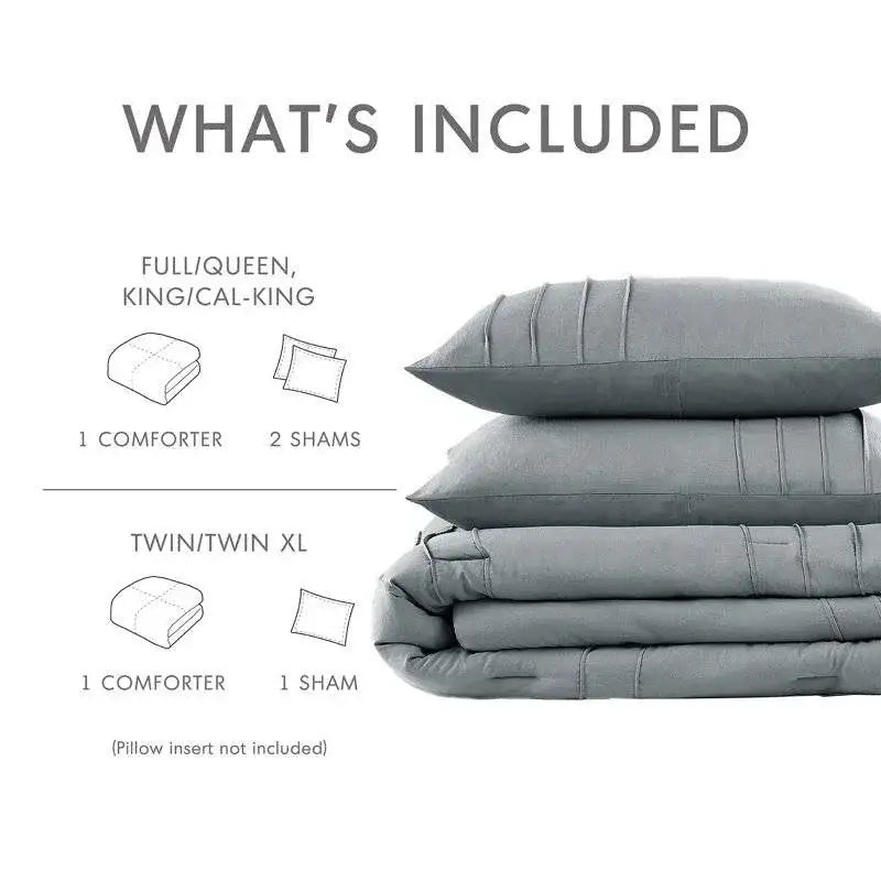 Full/Queen size Pleated Pre-Washed Microfiber Comforter Set in Blue Grey