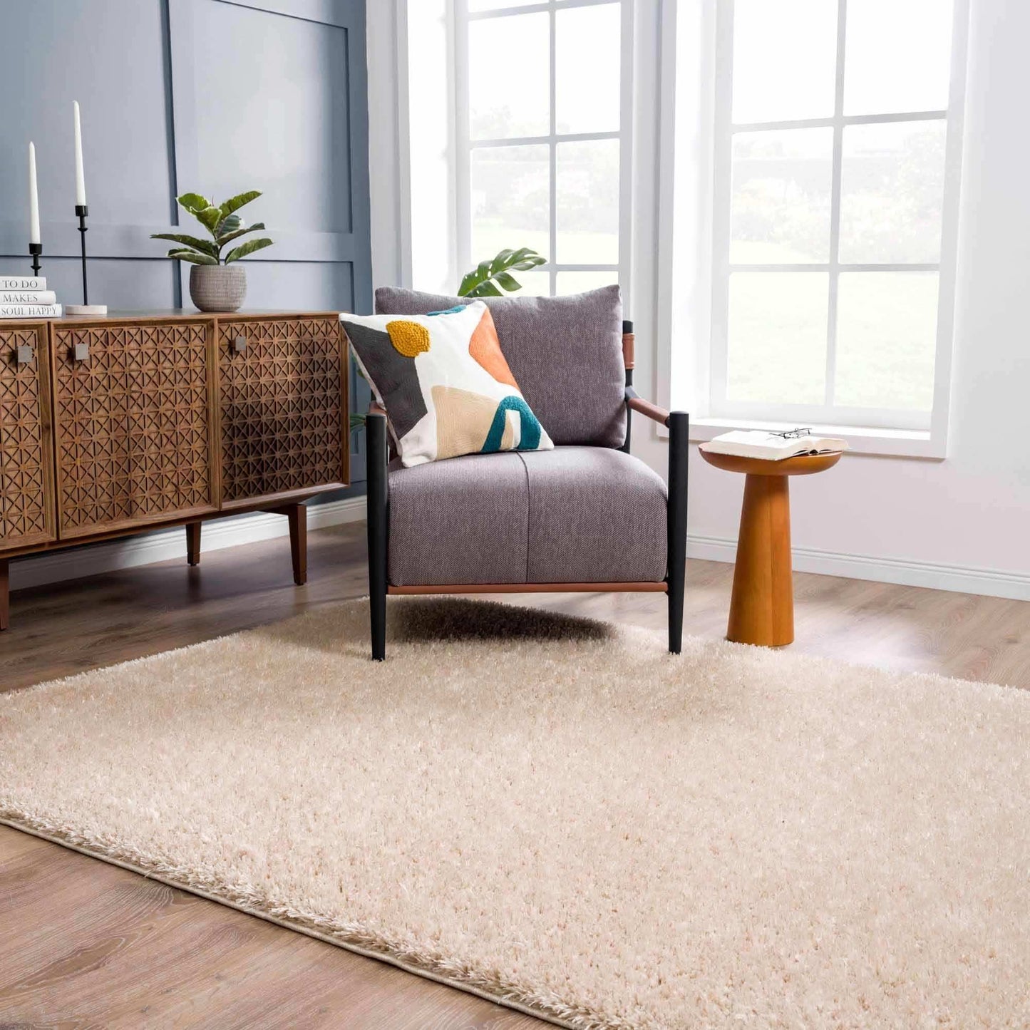 Faina Solid Beige Shag Rug Washable