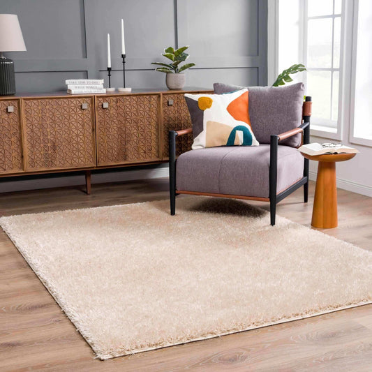 Faina Solid Beige Shag Rug Washable