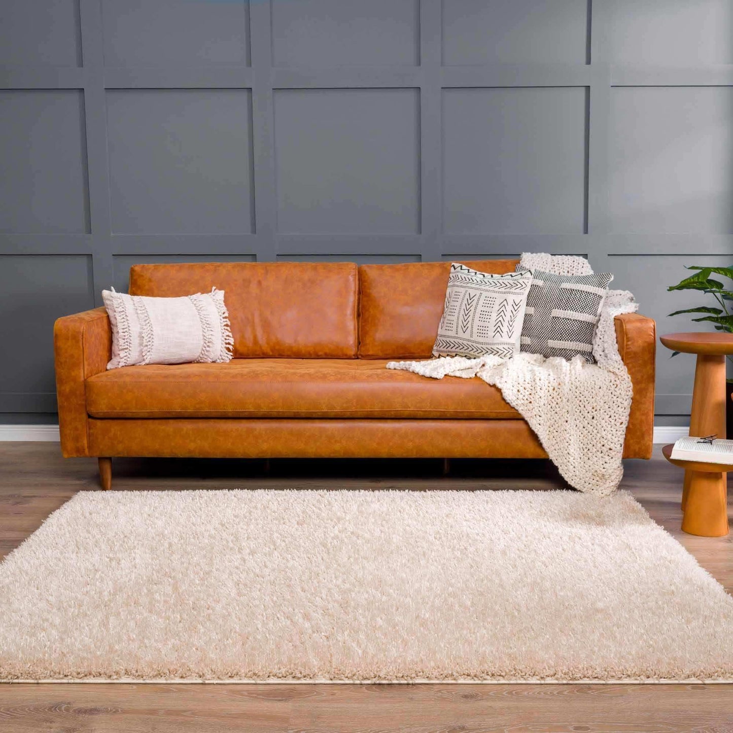 Faina Solid Beige Shag Rug Washable