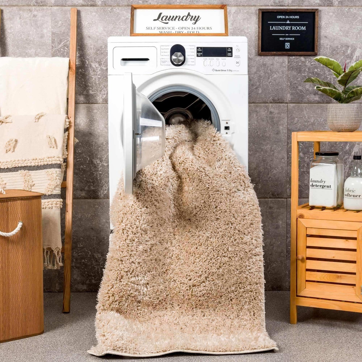 Faina Solid Beige Shag Rug Washable