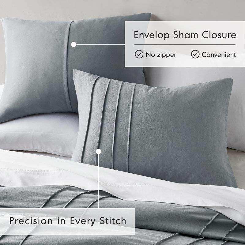 King size Pleated Pre-Washed Microfiber Comforter Set in Blue Grey