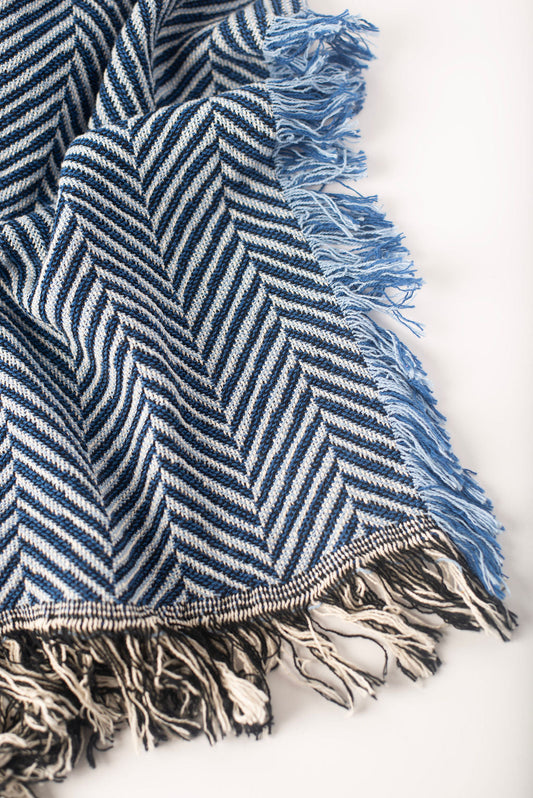 Blue Herringbone Jacquard Woven Throw Blanket, Reversible Cotton Throw, Made in USA | Henry Chambray