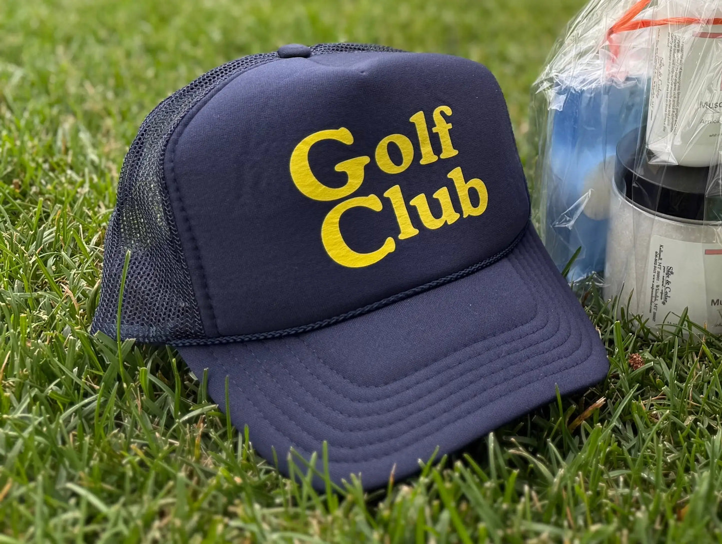 Golf Club Trucker Hat – Foam Mesh Hat with Golden Yellow Print