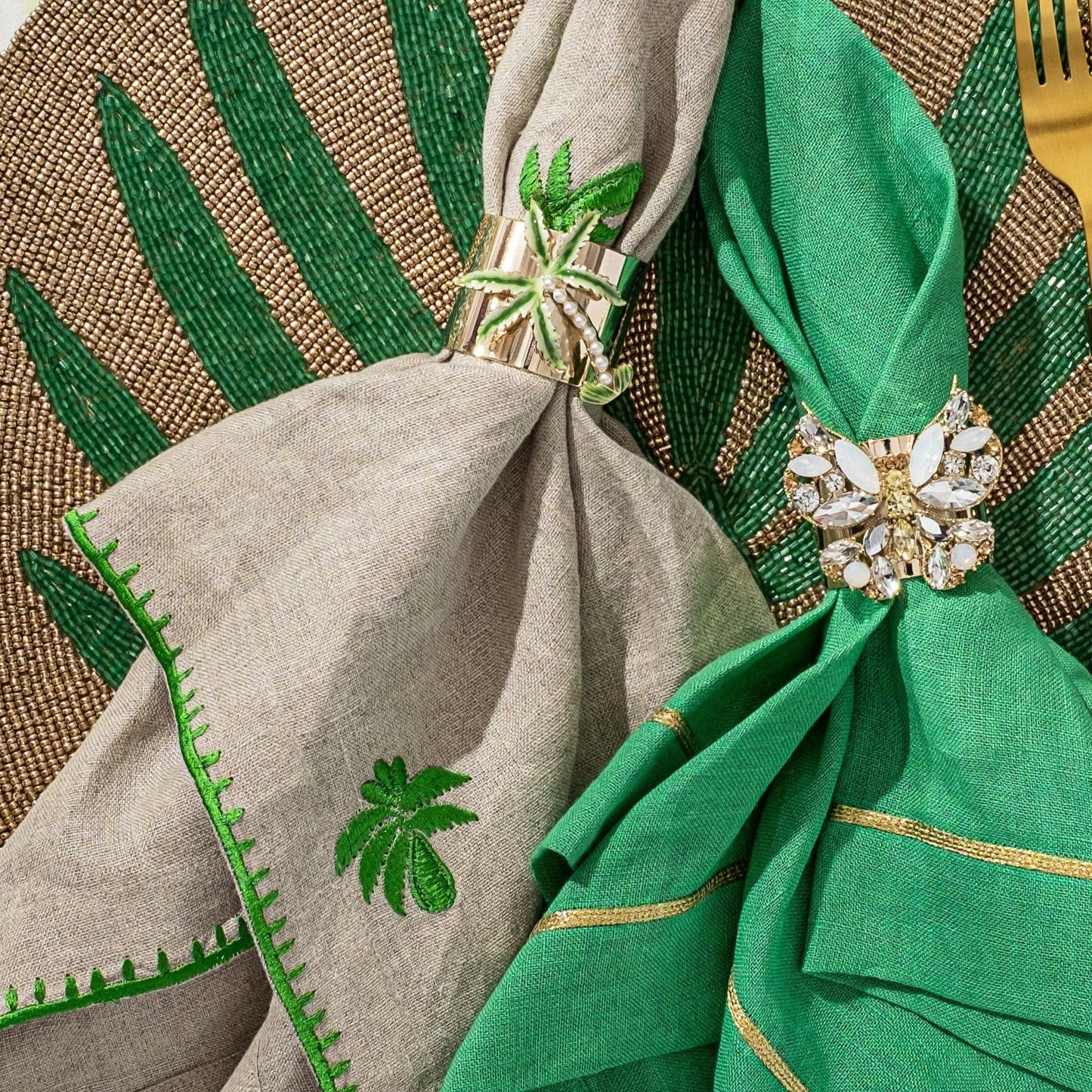 Palm tree embroidered dinner napkins, flax, set of two