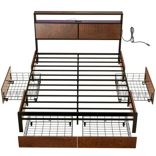 King size Platform Bed with Headboard and Storage Drawers in Brown Wood Finish