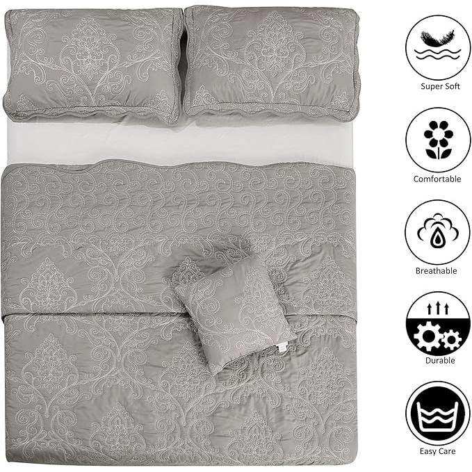 King size Ash Grey Damask Embroidered 4 Piece Oversized Bedspread Set