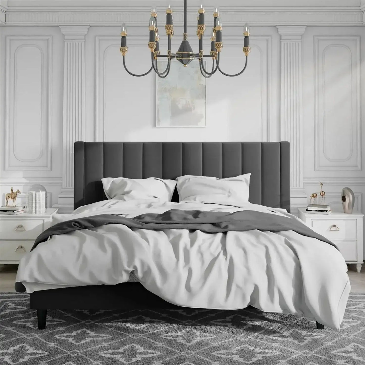 King size Black Velvet Upholstered Platform Bed Frame with Headboard