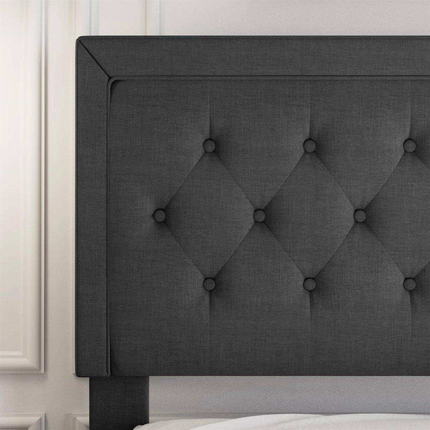 King Black Linen Upholstered Platform Bed Frame with Button-Tufted Headboard