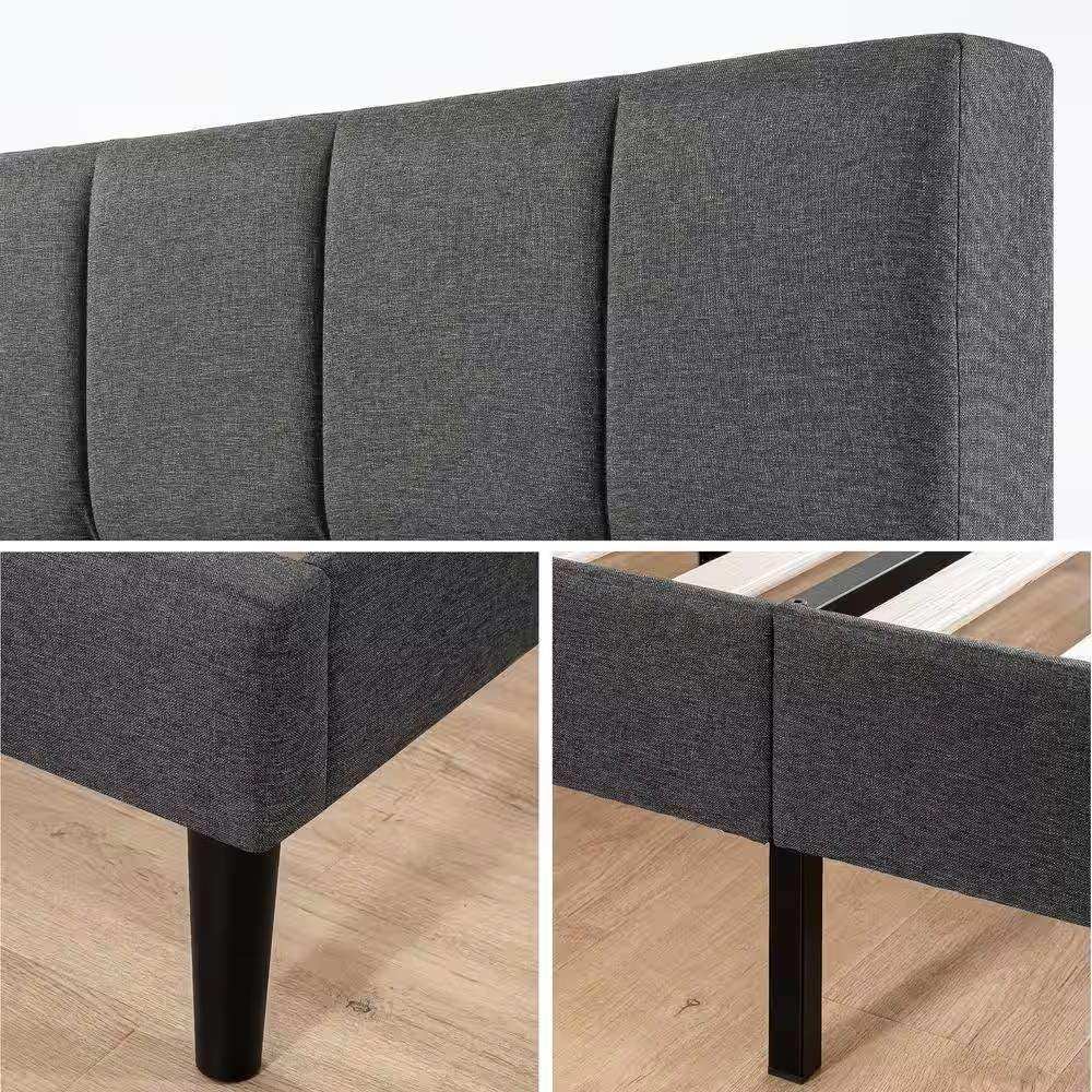 King size Grey Upholstered Platform Bed Frame with Padded Headboard