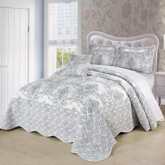King size White Damask Embroidered 4 Piece Oversized Bedspread Set
