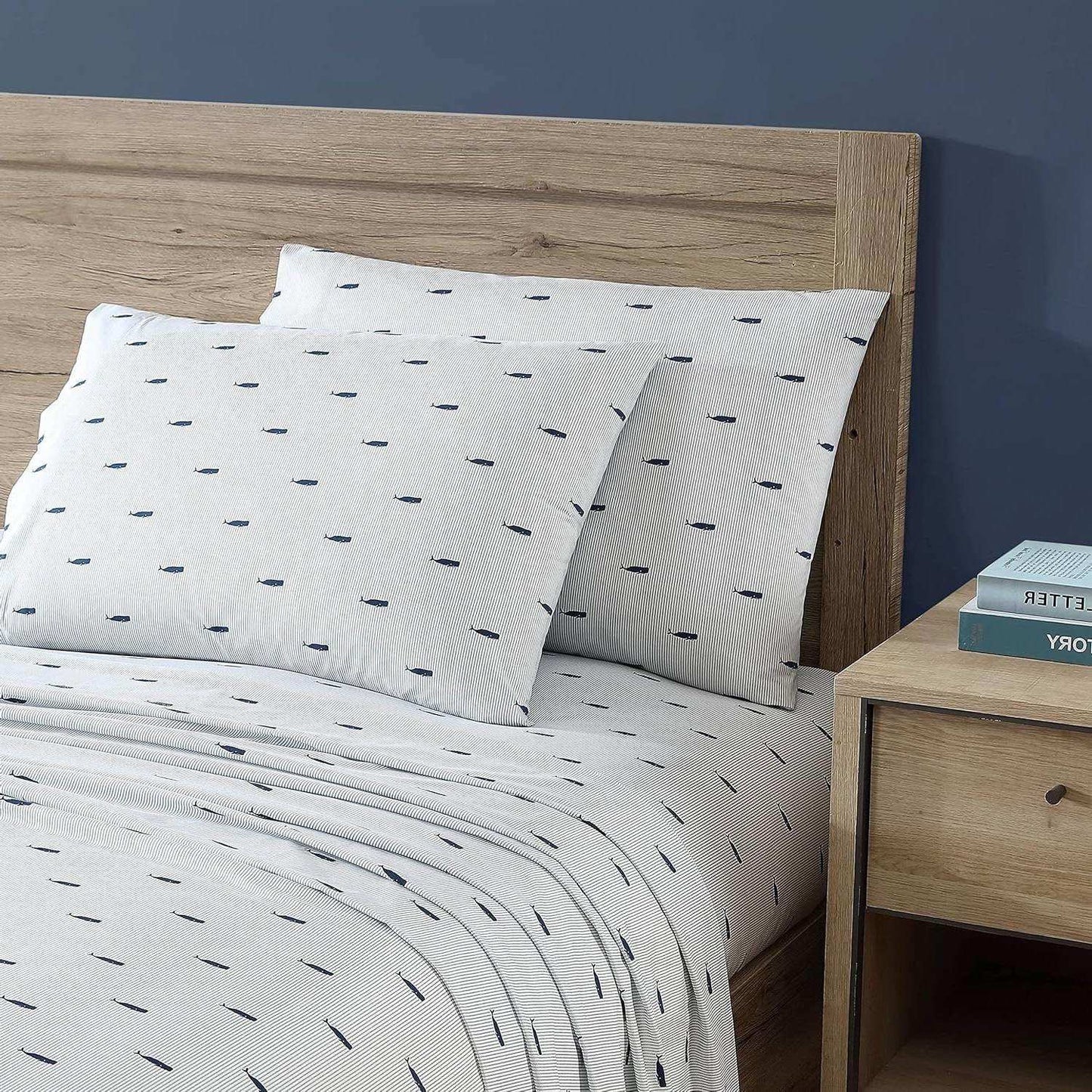 King size Coastal Beach 100-Percent Cotton Navy Blue White Stripe Sheet Set