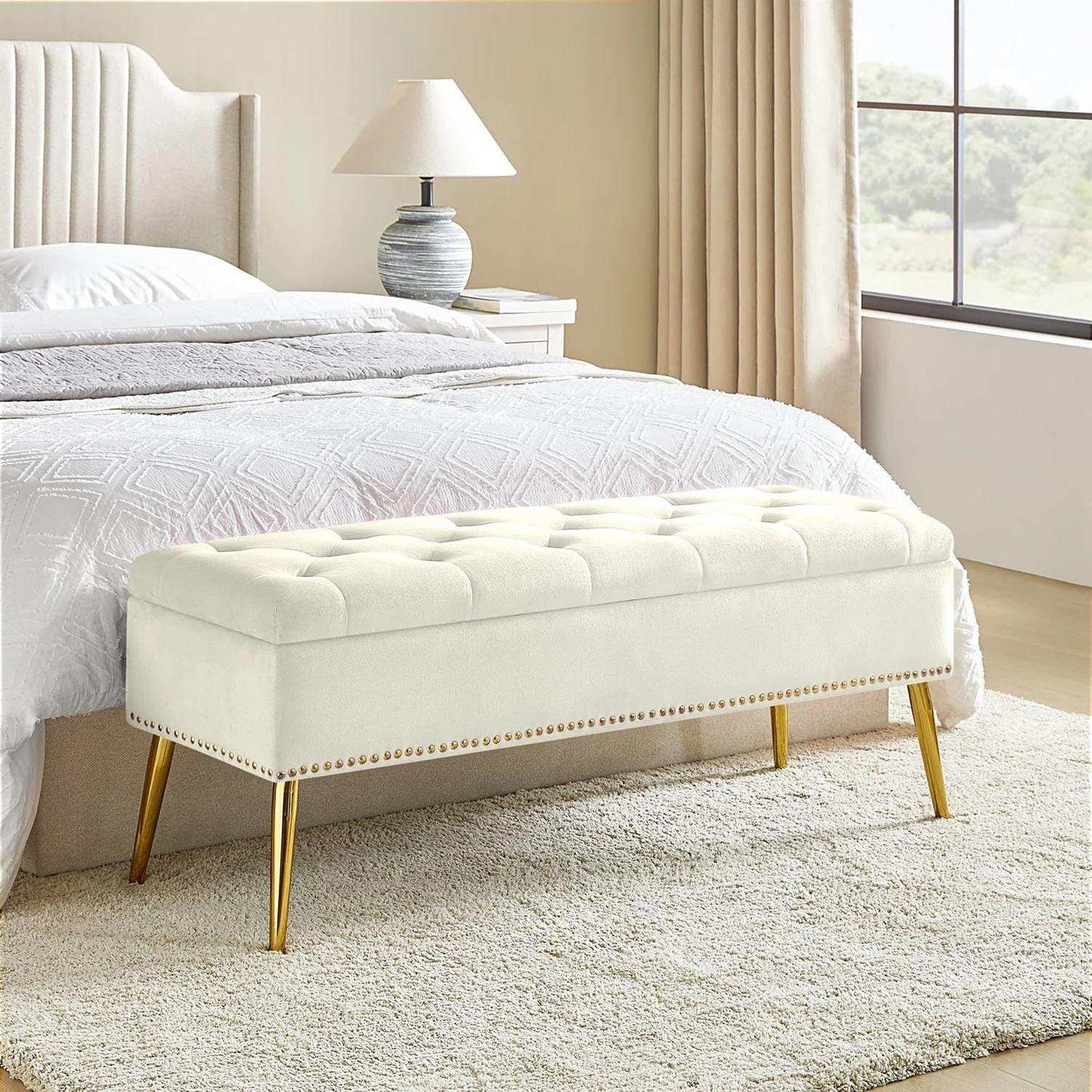 Mid-Century Modern Bed Storage Bench with Ivory Velvet Seat and Gold Legs