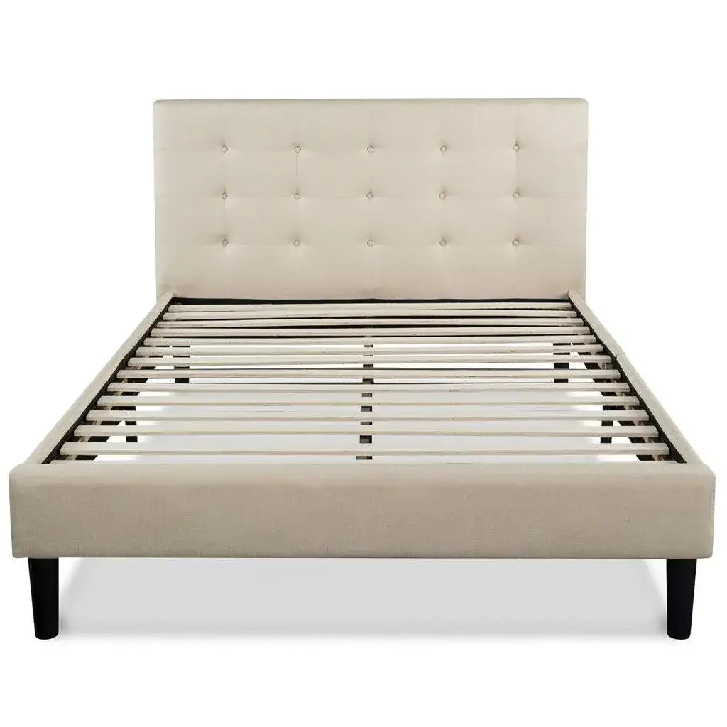 King size Upholstered Platform Bed Frame with Button Tufted Headboard in Taupe