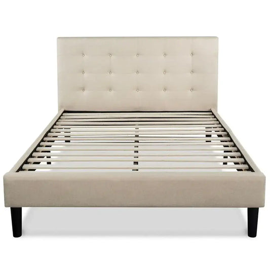 King size Upholstered Platform Bed Frame with Button Tufted Headboard in Taupe