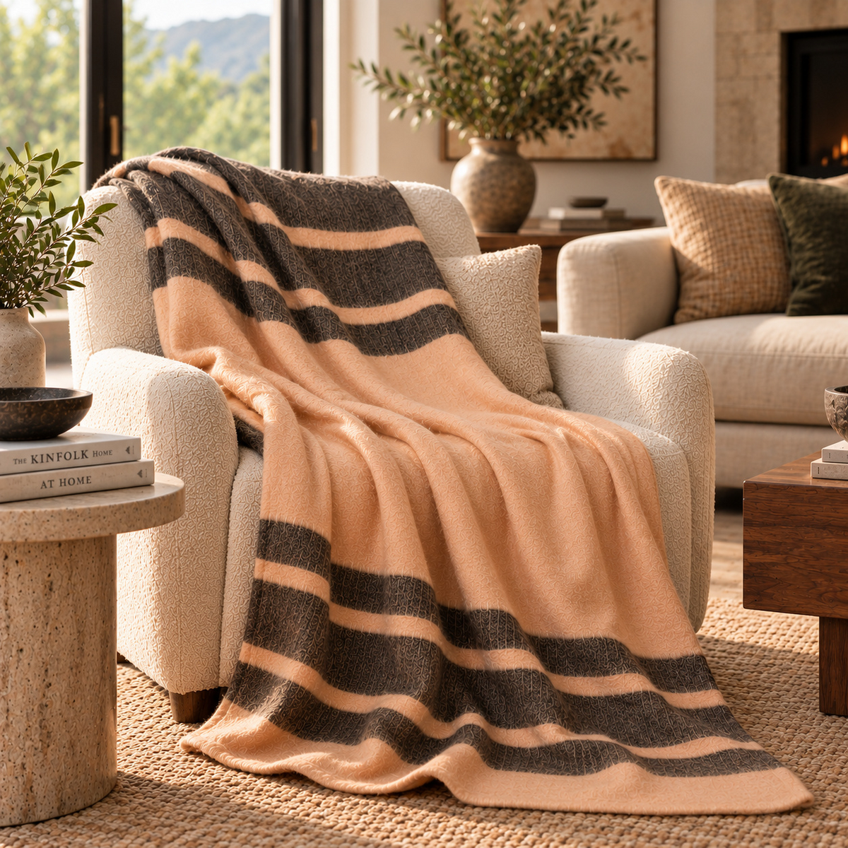 Handwoven Alpaca Throw Blanket | Peach & Charcoal | Kallpa Collection