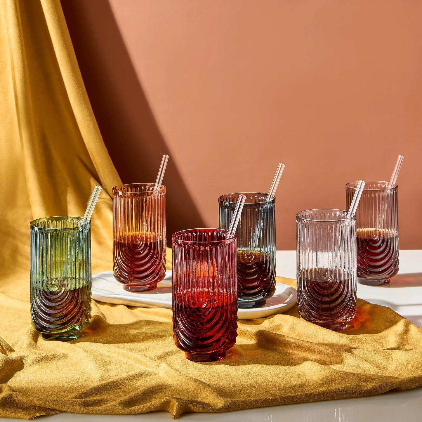 Tonal Highball Glassware with Matching Straw, Set of 6