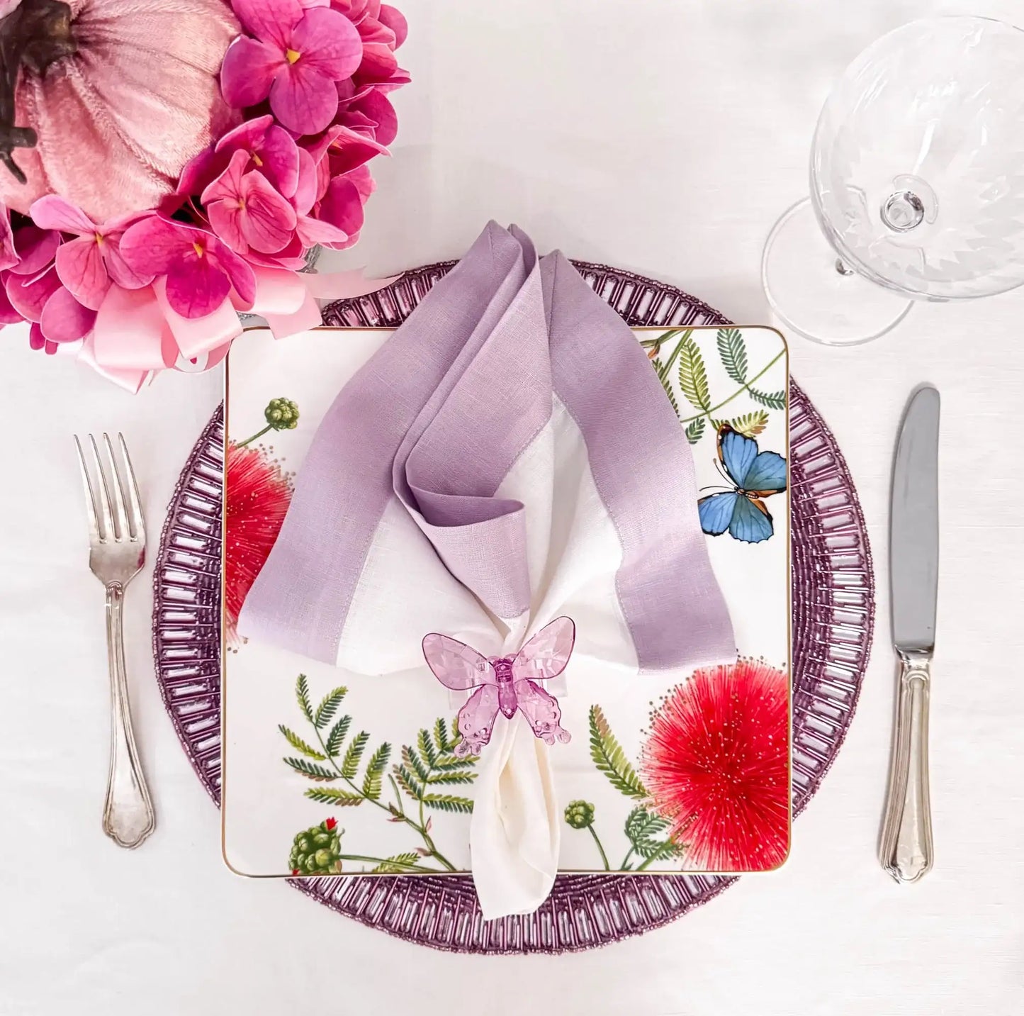 Lilac Linen Napkins with Double-Sided Borders, Set of 4 / ChouChou Touch