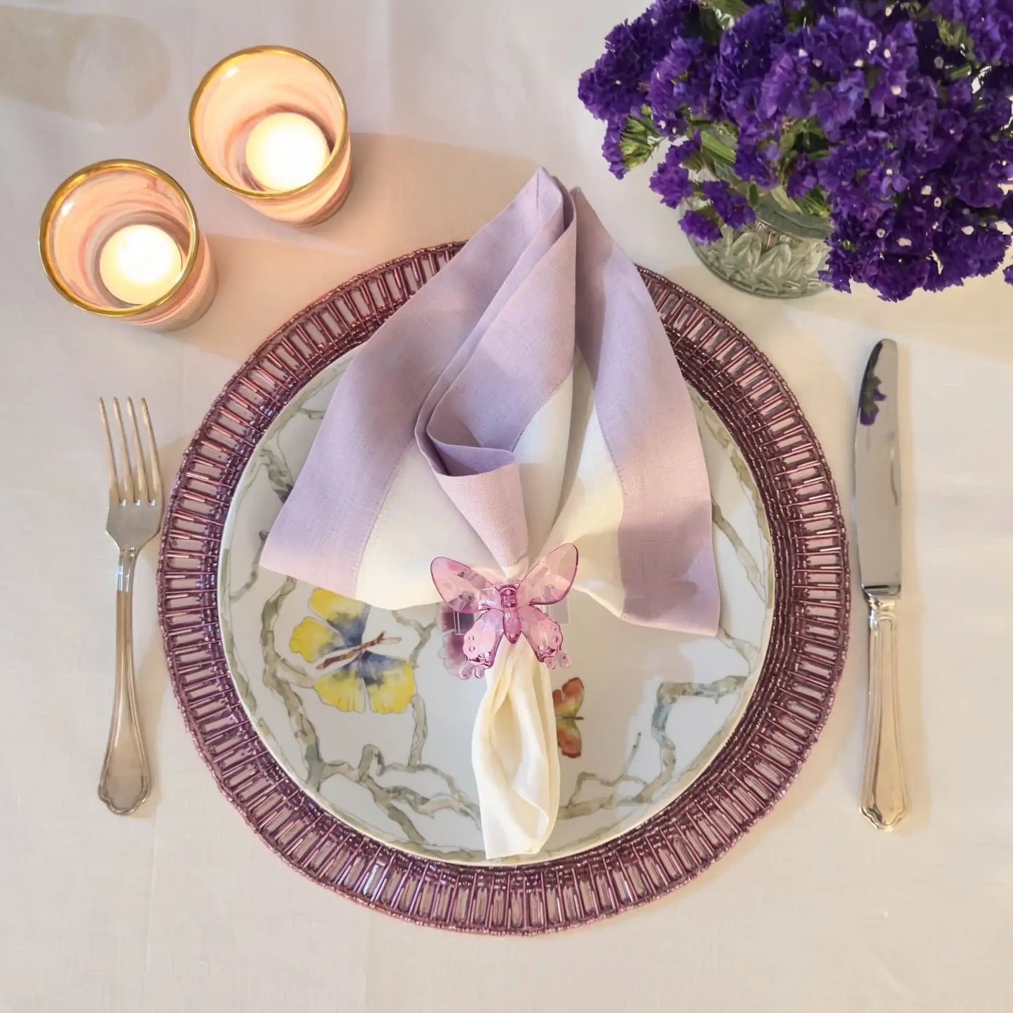 Lilac Linen Napkins with Double-Sided Borders, Set of 4 / ChouChou Touch