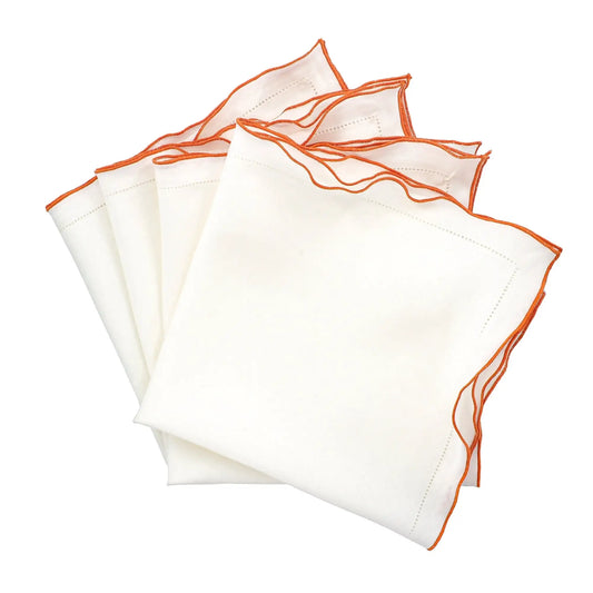 White Linen Napkins With Orange Ruffled Hemstitch Edges, Set of 4
