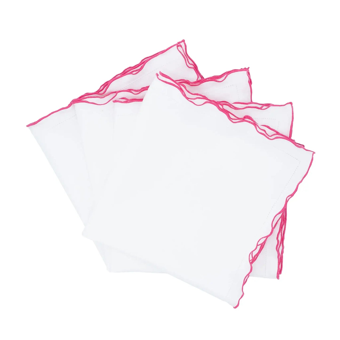 White Linen Napkins With Pink Ruffled Hemstitch Edges, Set of 4