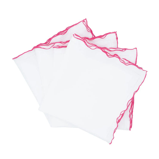 White Linen Napkins With Pink Ruffled Hemstitch Edges, Set of 4