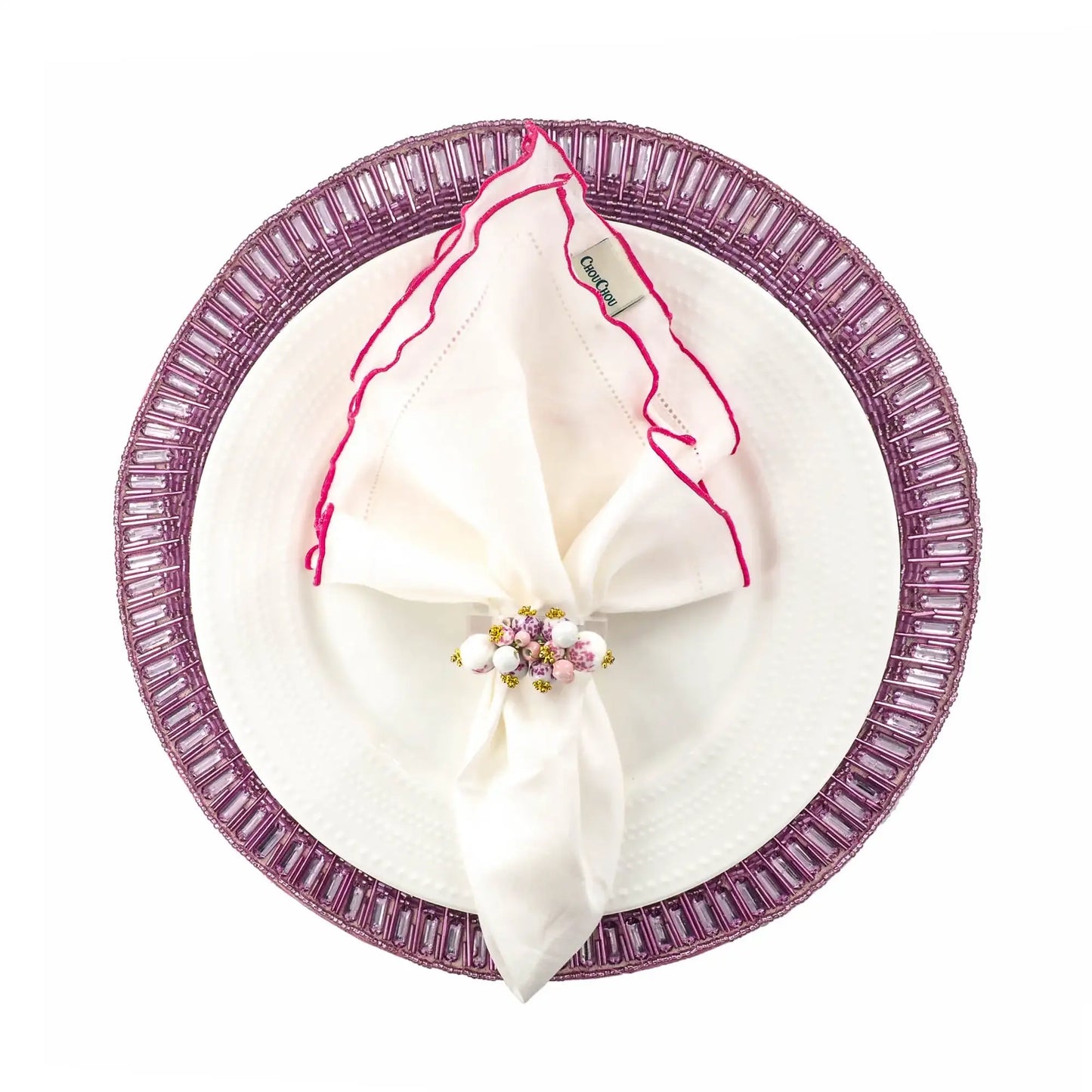 White Linen Napkins With Pink Ruffled Hemstitch Edges, Set of 4