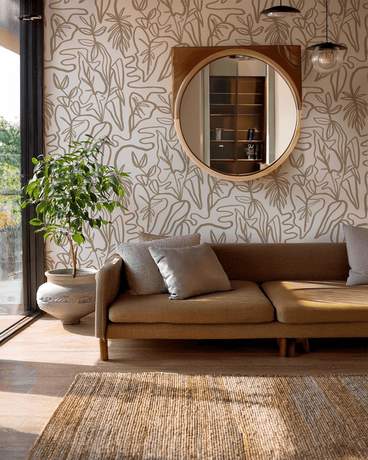 Inked Foliage Wallpaper, white and tan