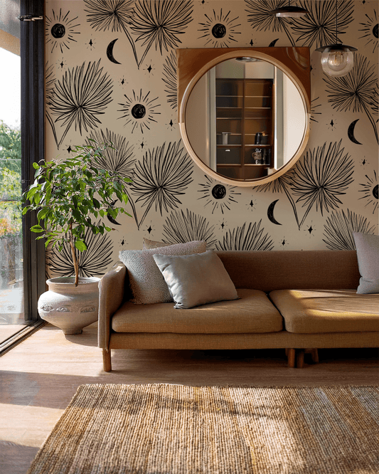 Night Palm Wallpaper, tan and black