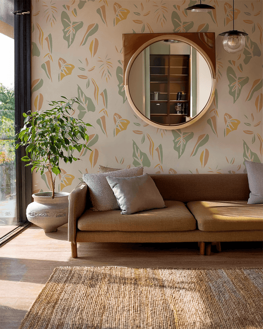 Block Print Foliage Wallpaper, tan and mint