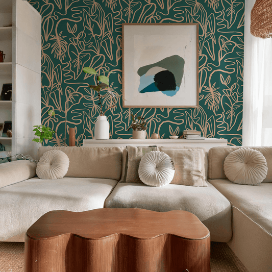 Inked Foliage Wallpaper, teal and peach