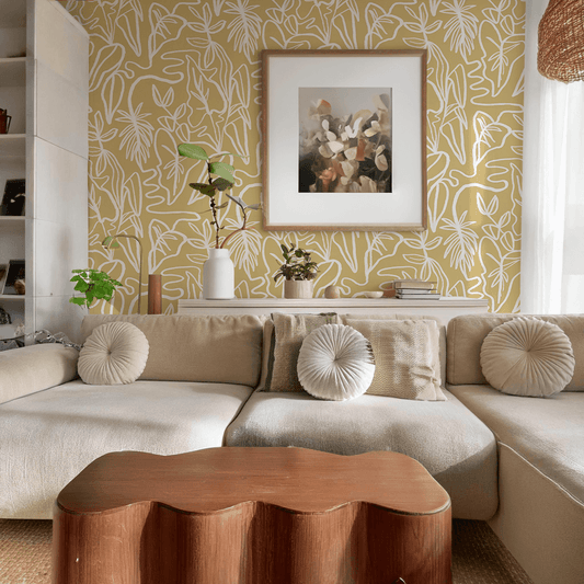 Inked Foliage Wallpaper, butter yellow and white