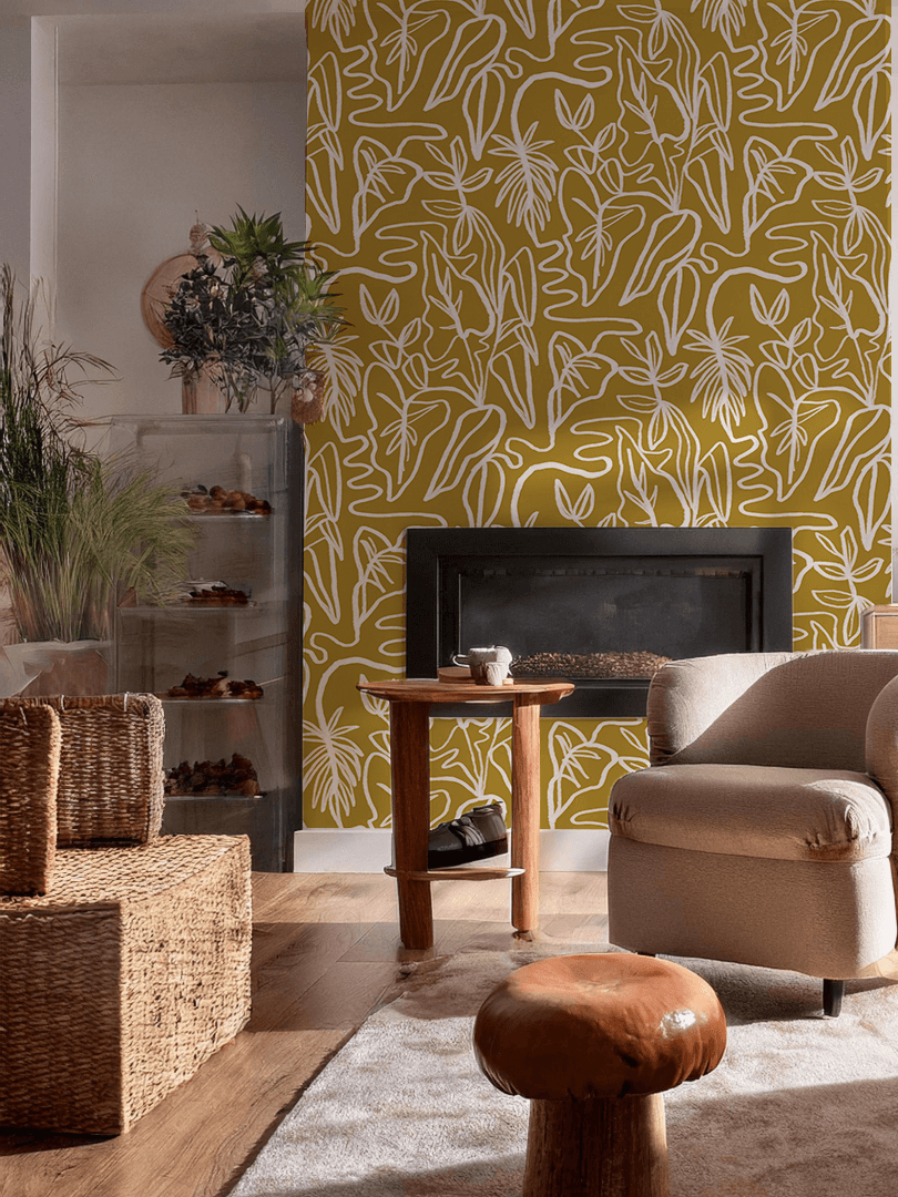 Inked Foliage Wallpaper, mustard and white