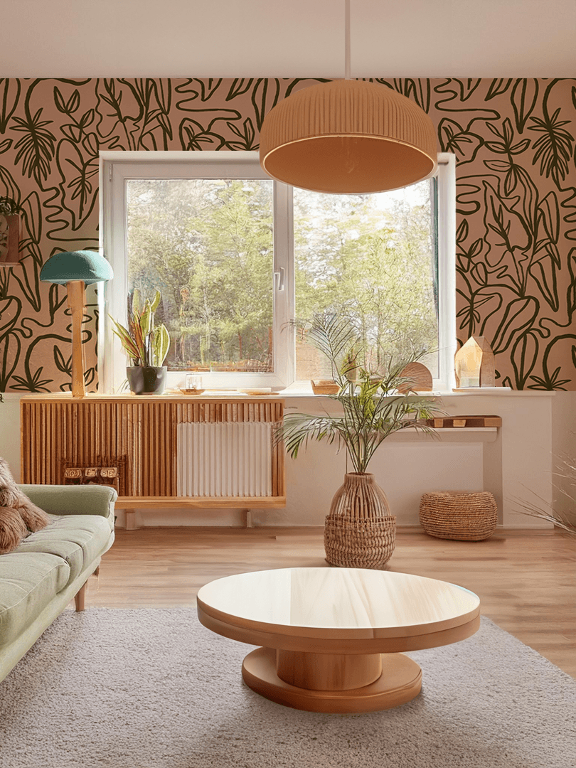 Inked Foliage Wallpaper, peach and olive green