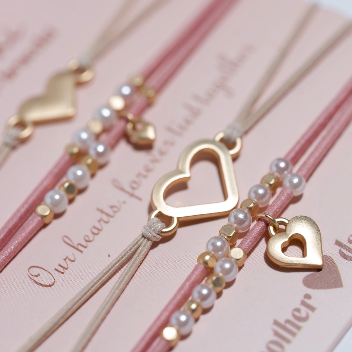 "Mother / Daughter" Pink with Pearls & Gold Hearts Shareable Hair Tie Bracelets