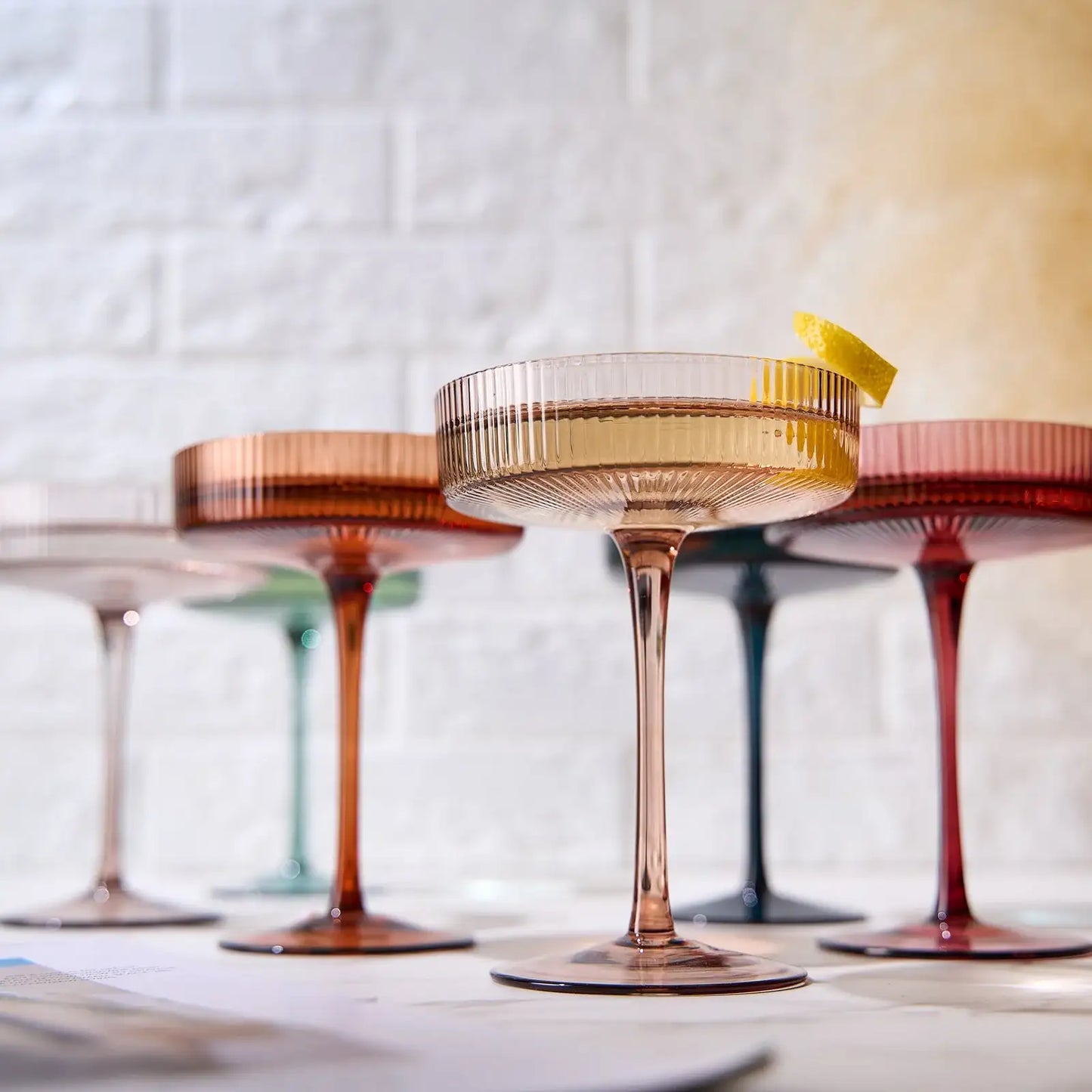 Tonal Ribbed Champagne Coupe, Cocktail Glassware, Set of 6