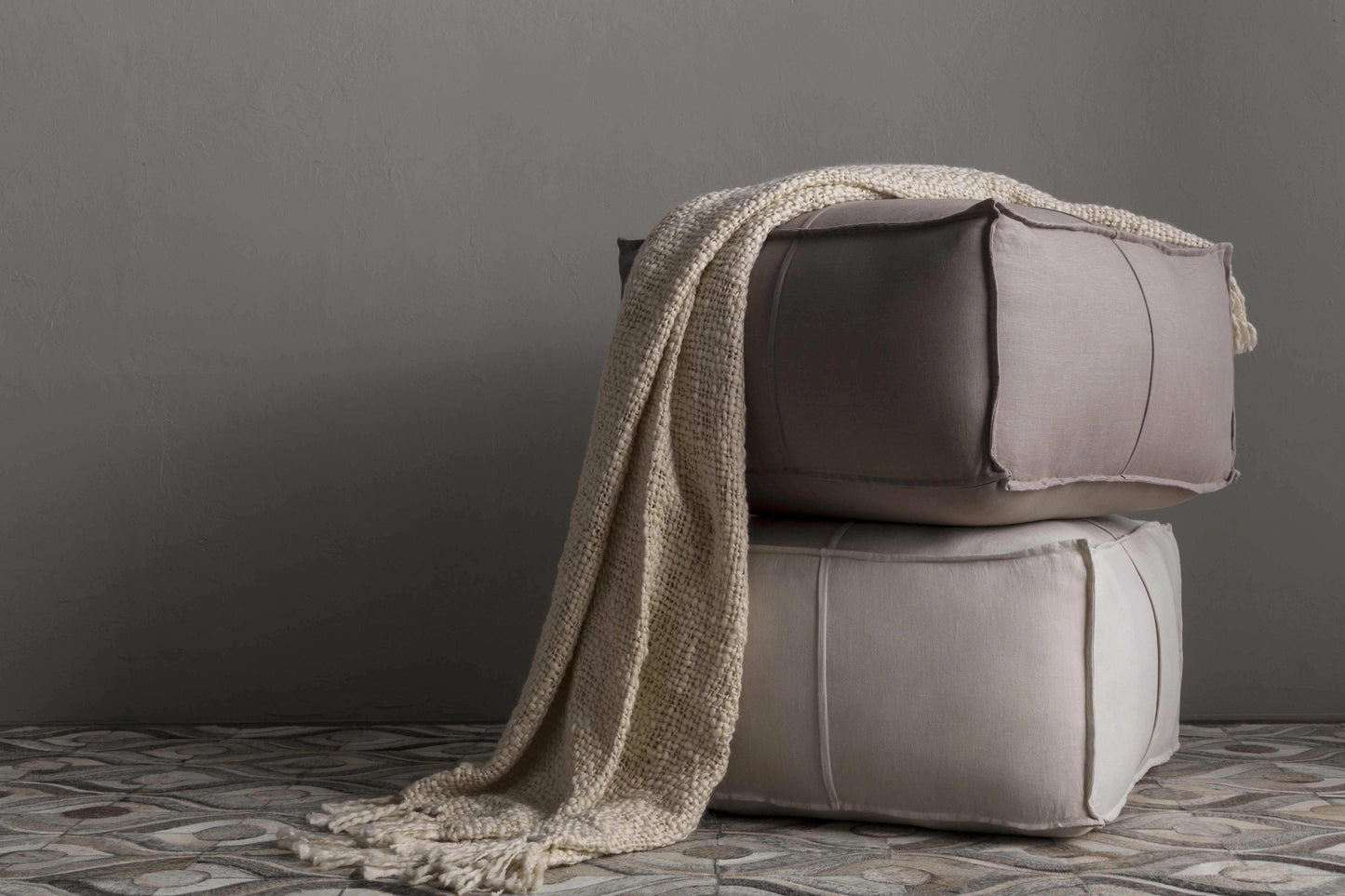 Friendsville Solid & Striped Ivory Pouf