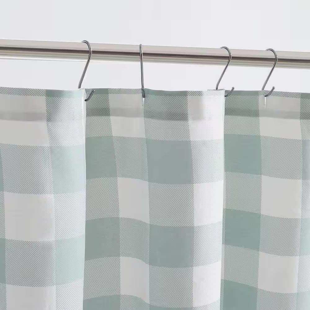 72-inch 100-Percent Cotton Fabric Shower Curtain with Green White Plaid Pattern